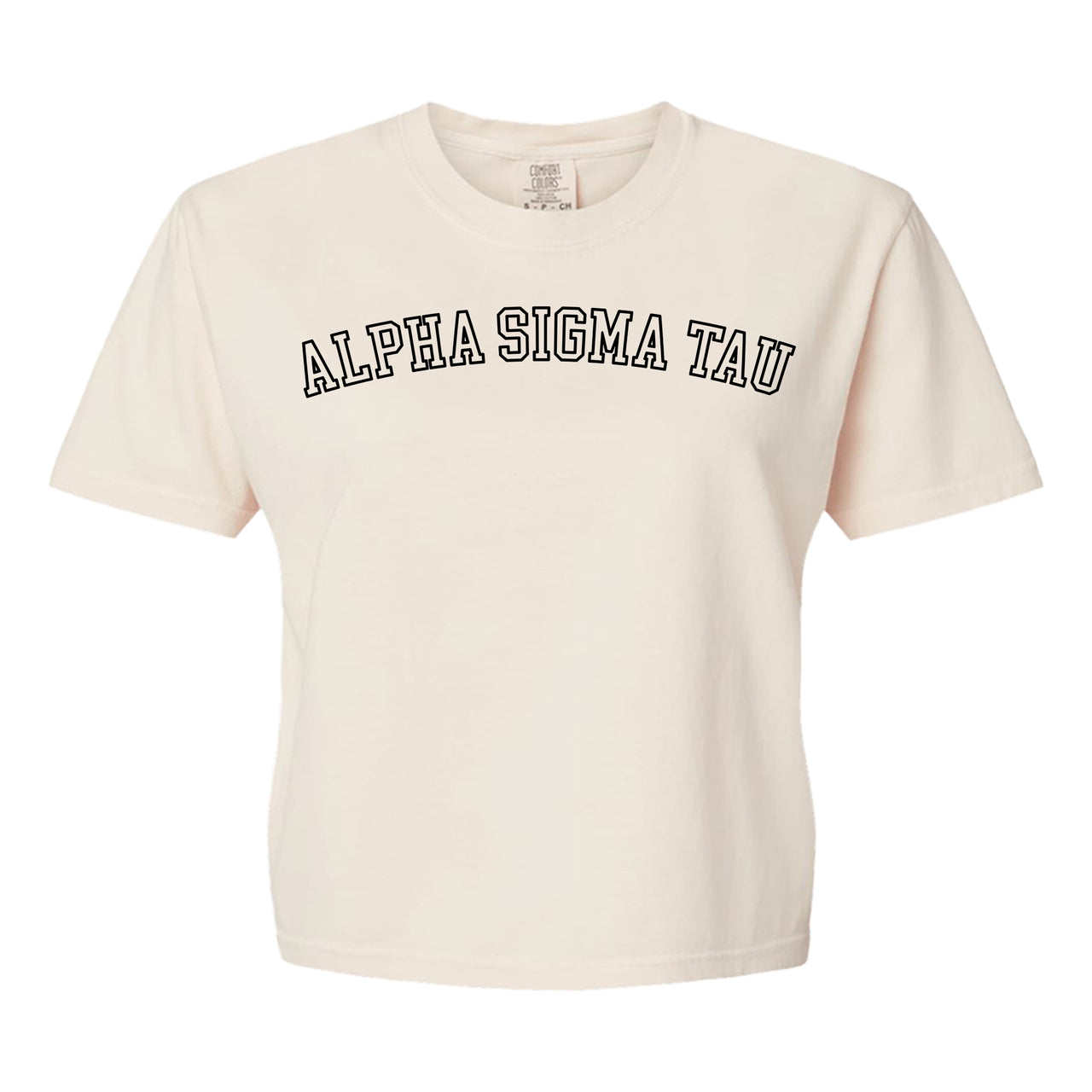 Alpha Sigma Tau Comfort Colors boxy crop t-shirt featuring the sorority name in block letters 