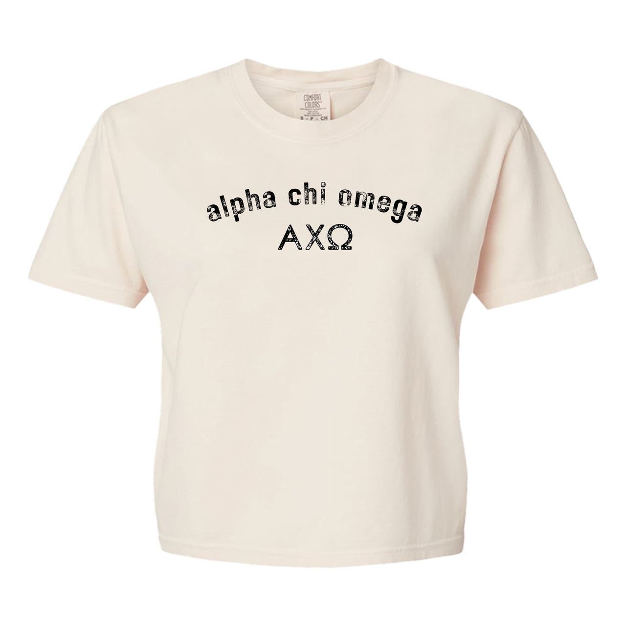 Alpha Chi Omega Comfort Colors boxy crop t-shirt featuring the sorority name and Greek letters design