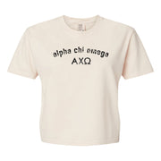 Alpha Chi Omega Comfort Colors boxy crop t-shirt featuring the sorority name and Greek letters design