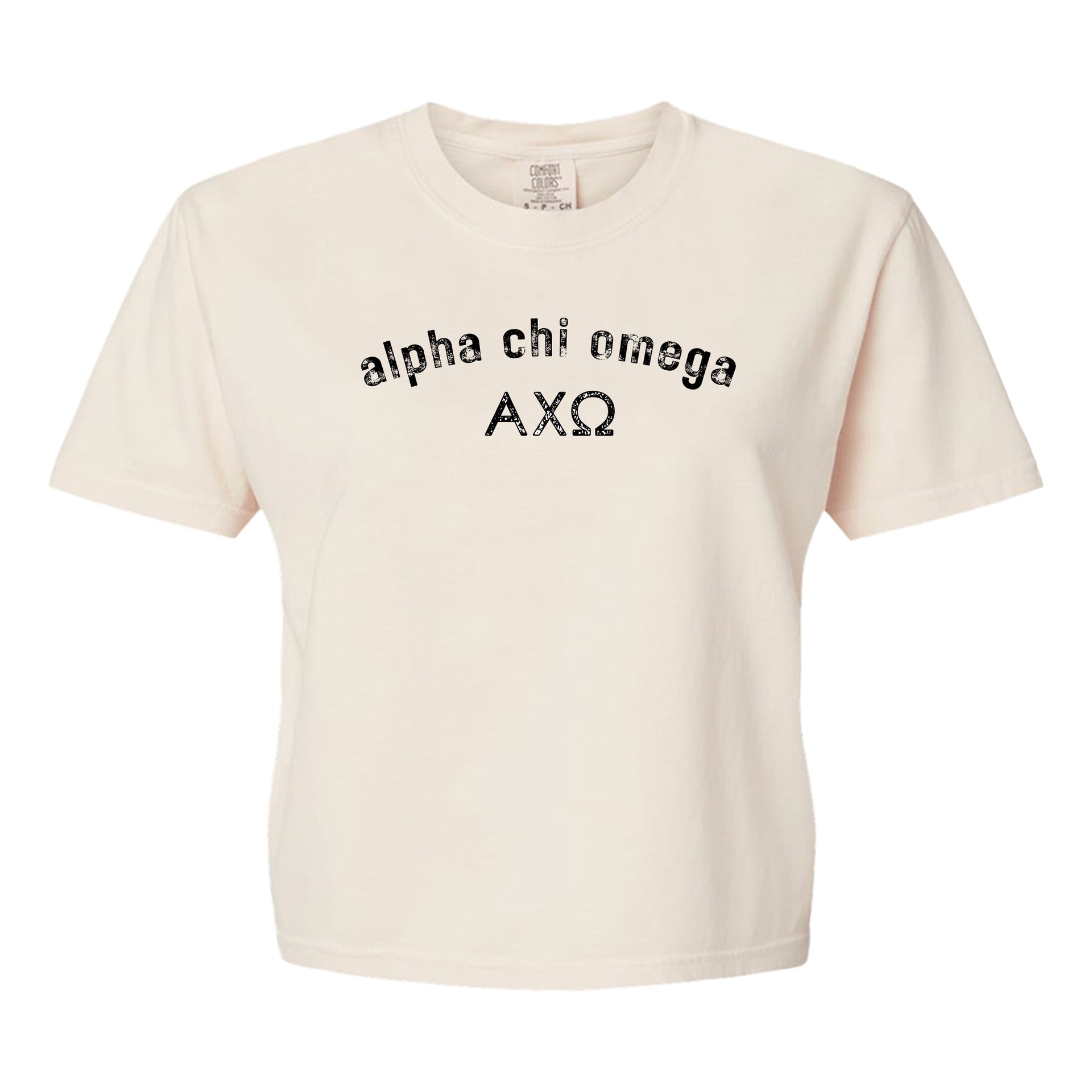 Alpha Chi Omega Comfort Colors boxy crop t-shirt featuring the sorority name and Greek letters design