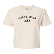 Alpha Xi Delta Comfort Colors boxy crop t-shirt featuring the sorority name and Greek letters design