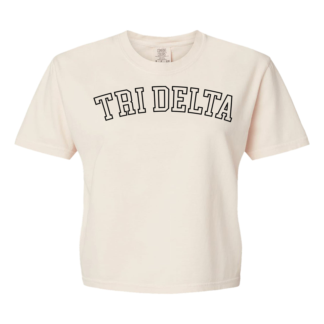 Delta Delta Delta Comfort Colors boxy crop t-shirt featuring the sorority name in block letters 