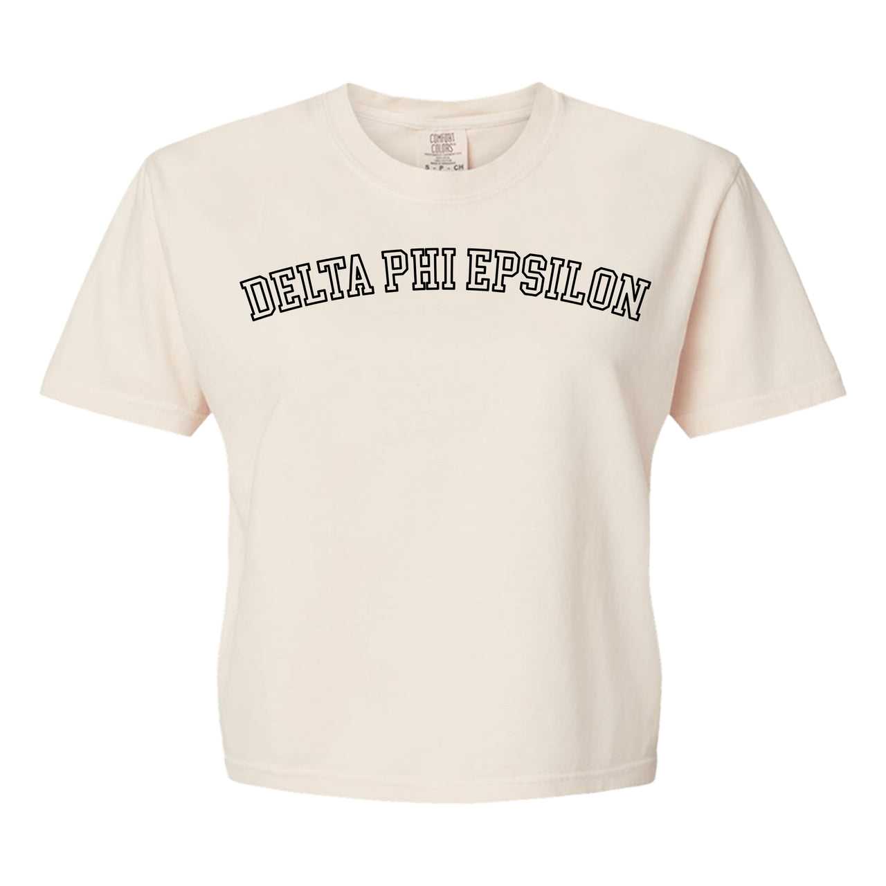 Delta Phi Epsilon Comfort Colors boxy crop t-shirt featuring the sorority name in block letters 