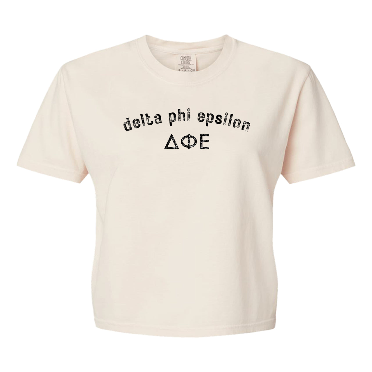 Delta Phi Epsilon Comfort Colors boxy crop t-shirt featuring the sorority name and Greek letters design