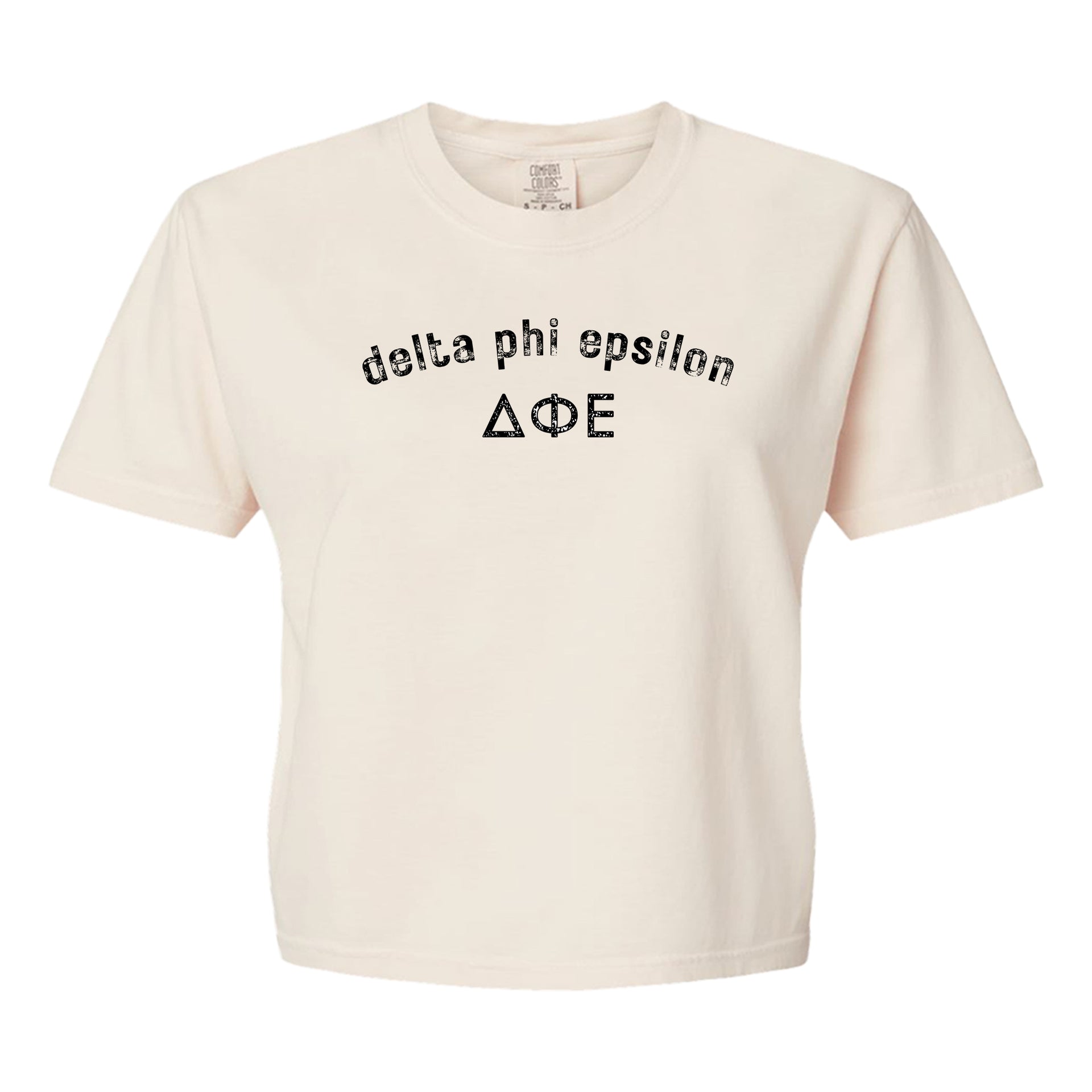 Delta Phi Epsilon Comfort Colors boxy crop t-shirt featuring the sorority name and Greek letters design