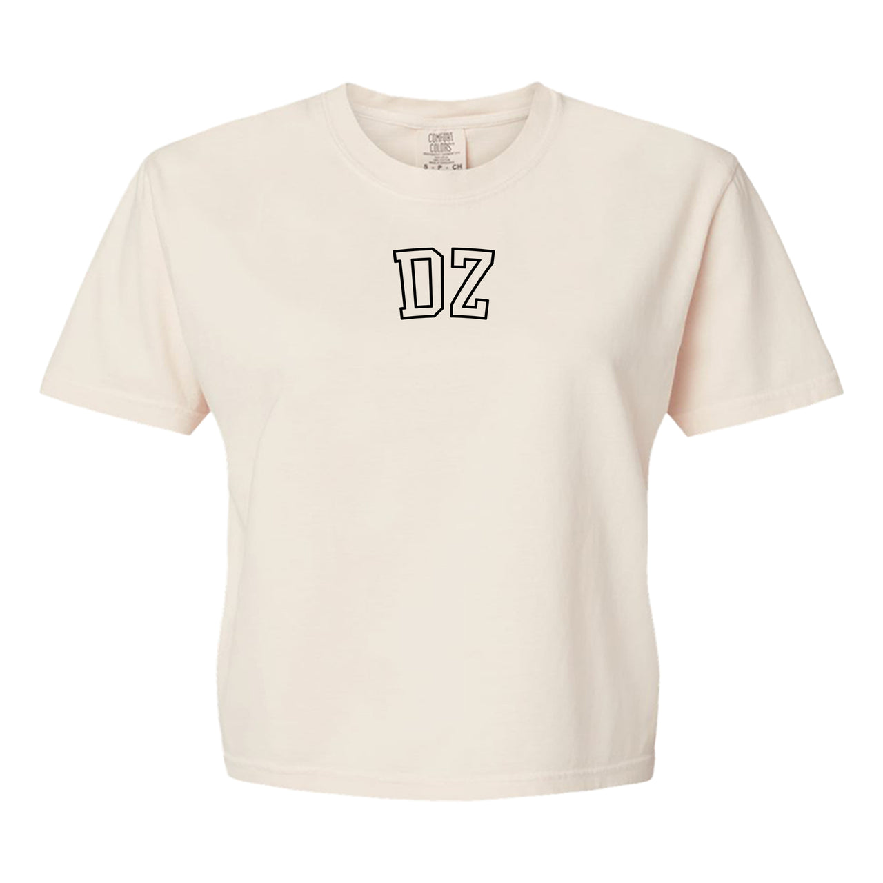 Delta Zeta Comfort Colors boxy crop t-shirt featuring the sorority name in block letters 