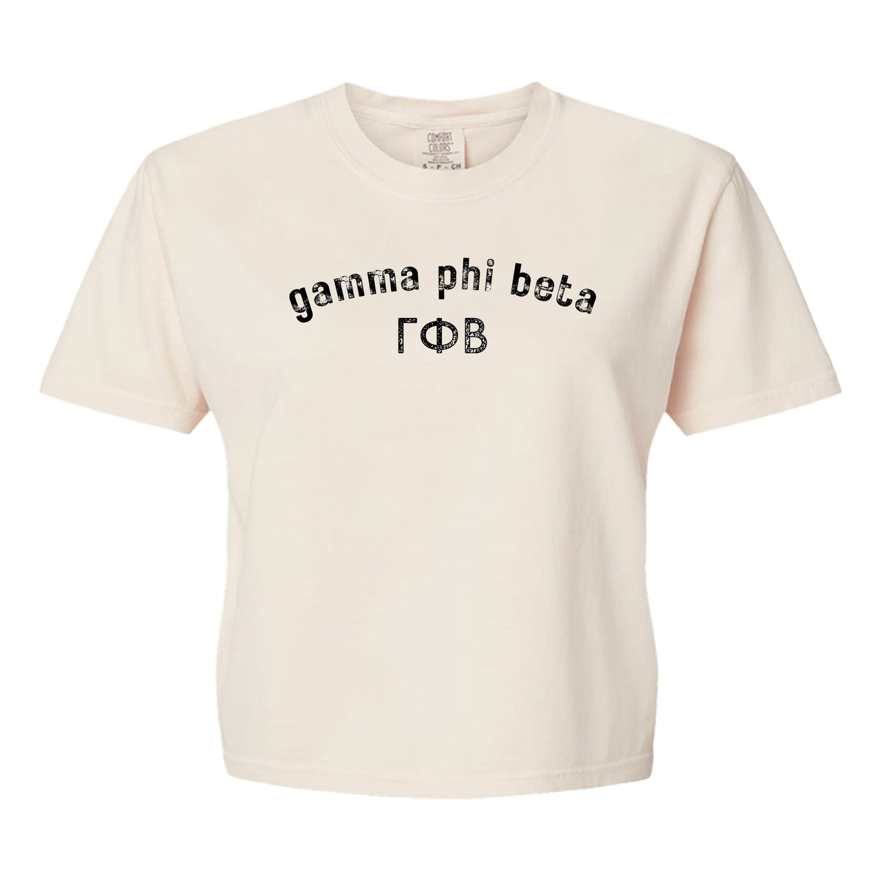 Gamma Phi Beta Comfort Colors boxy crop t-shirt featuring the sorority name and Greek letters design