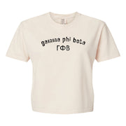 Gamma Phi Beta Comfort Colors boxy crop t-shirt featuring the sorority name and Greek letters design
