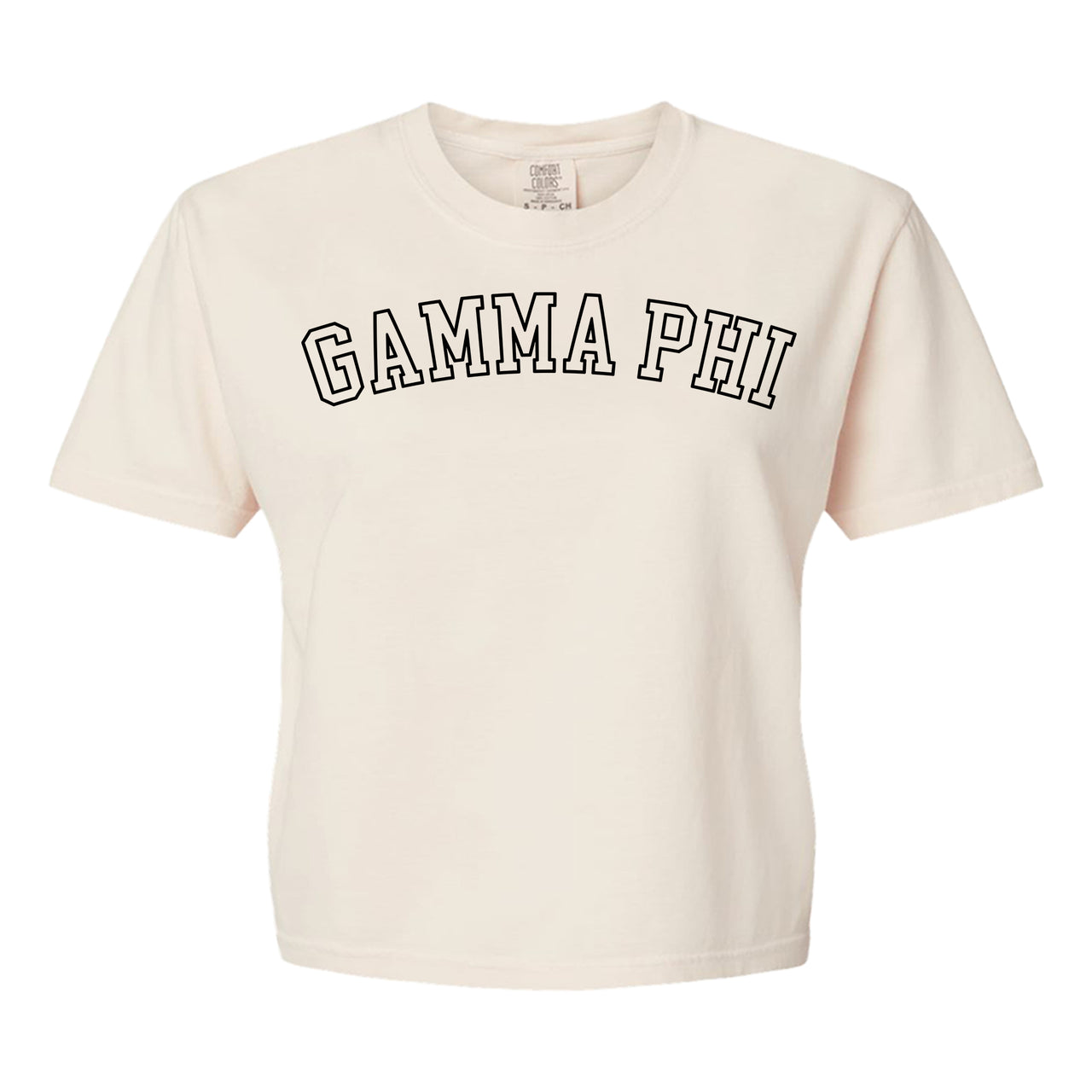 Gamma Phi Beta Comfort Colors boxy crop t-shirt featuring the sorority name in block letters 