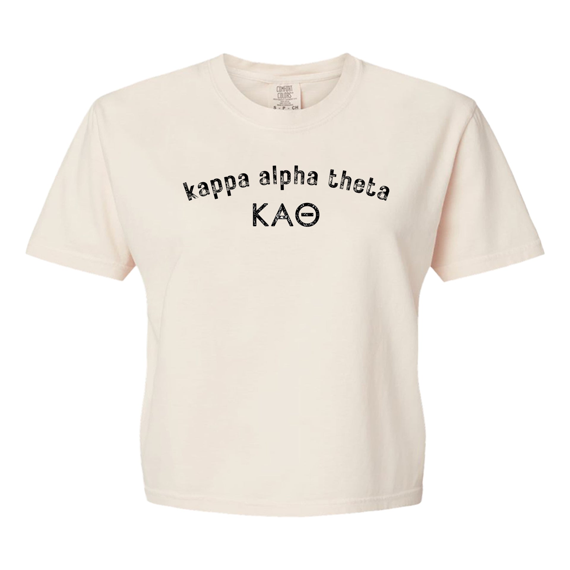 Kappa Alpha Theta Comfort Colors boxy crop t-shirt featuring the sorority name and Greek letters design