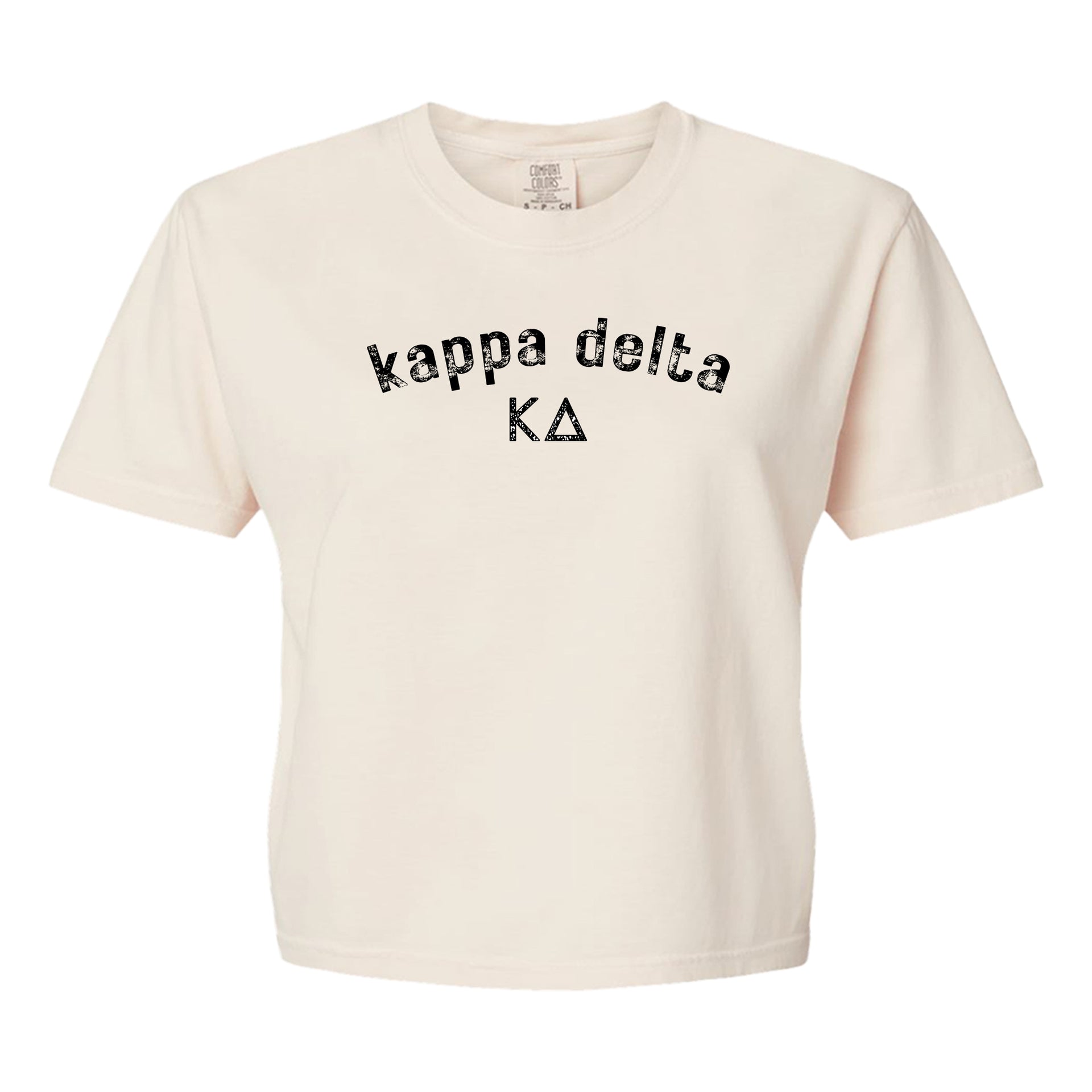 Kappa Delta Comfort Colors boxy crop t-shirt featuring the sorority name and Greek letters design