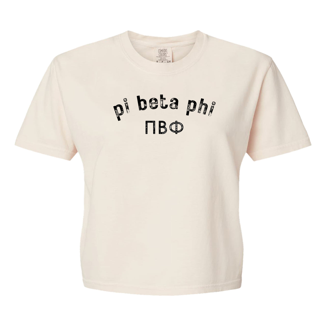 Pi Beta Phi Comfort Colors boxy crop t-shirt featuring the sorority name and Greek letters design