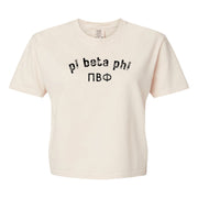 Pi Beta Phi Comfort Colors boxy crop t-shirt featuring the sorority name and Greek letters design