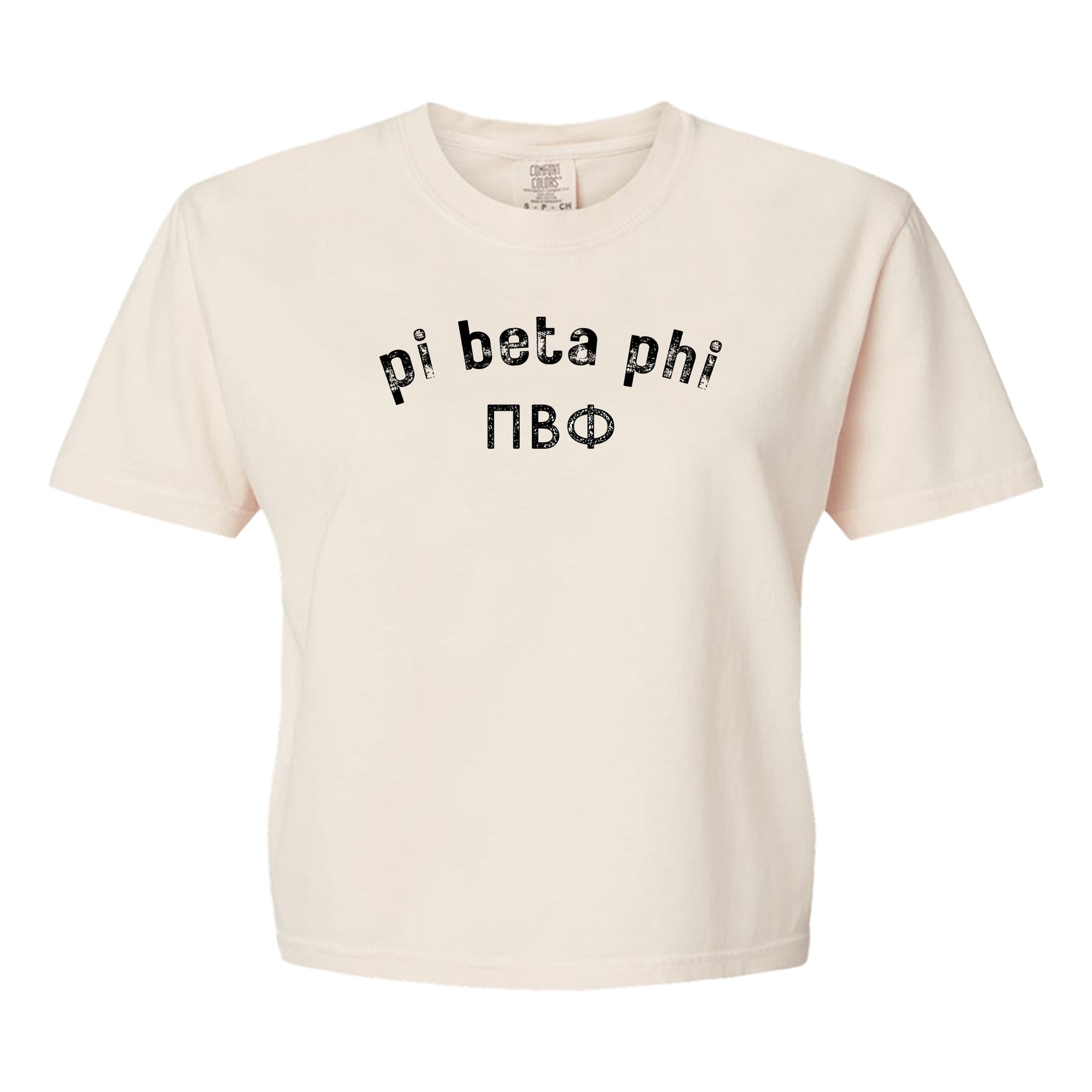 Pi Beta Phi Comfort Colors boxy crop t-shirt featuring the sorority name and Greek letters design