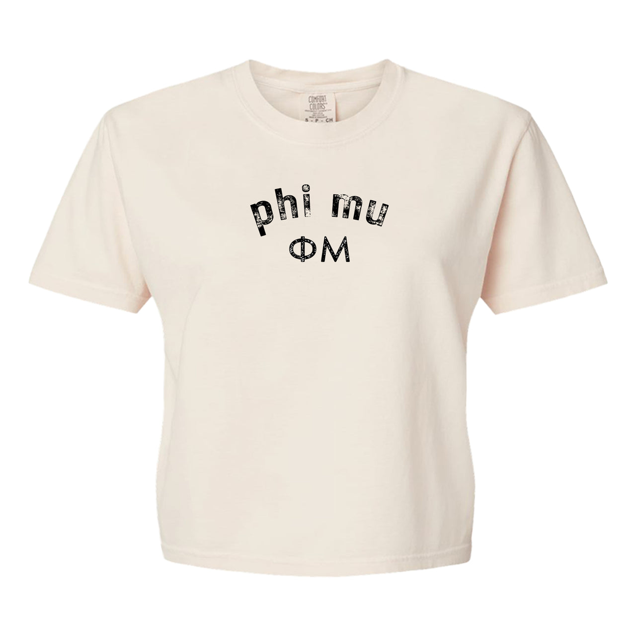 Phi Mu Comfort Colors boxy crop t-shirt featuring the sorority name and Greek letters design