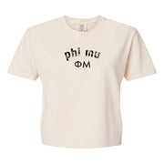 Phi Mu Comfort Colors boxy crop t-shirt featuring the sorority name and Greek letters design