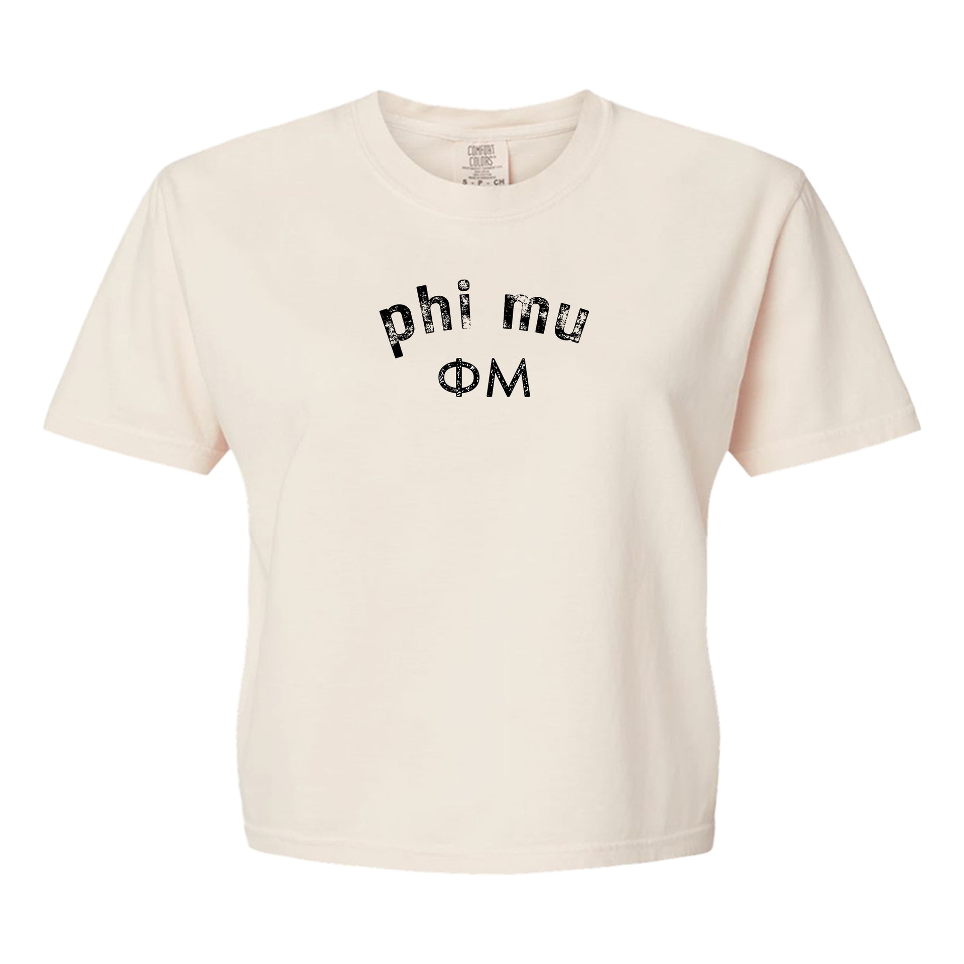 Phi Mu Comfort Colors boxy crop t-shirt featuring the sorority name and Greek letters design