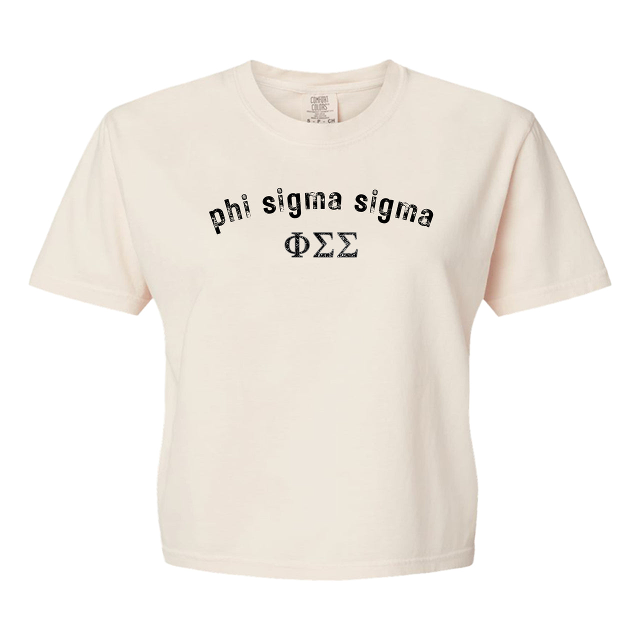Phi Sigma Sigma Comfort Colors boxy crop t-shirt featuring the sorority name and Greek letters design