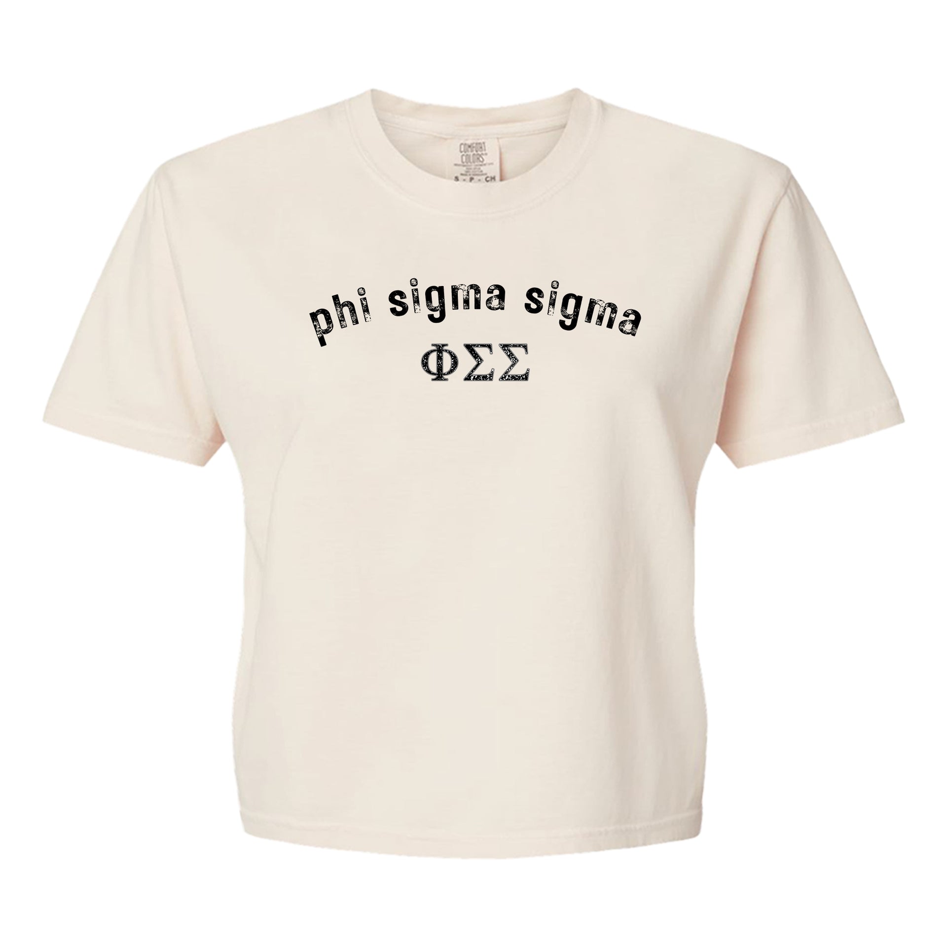 Phi Sigma Sigma Comfort Colors boxy crop t-shirt featuring the sorority name and Greek letters design