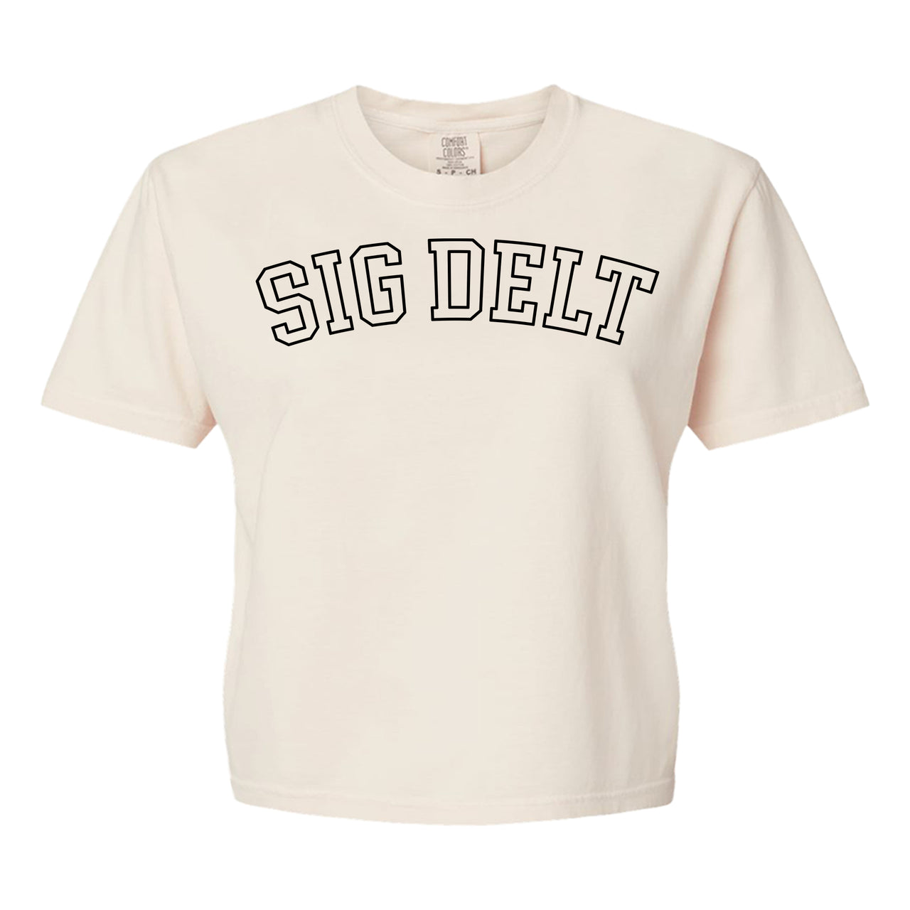 Sigma Delta Tau Comfort Colors boxy crop t-shirt featuring the sorority name in block letters 