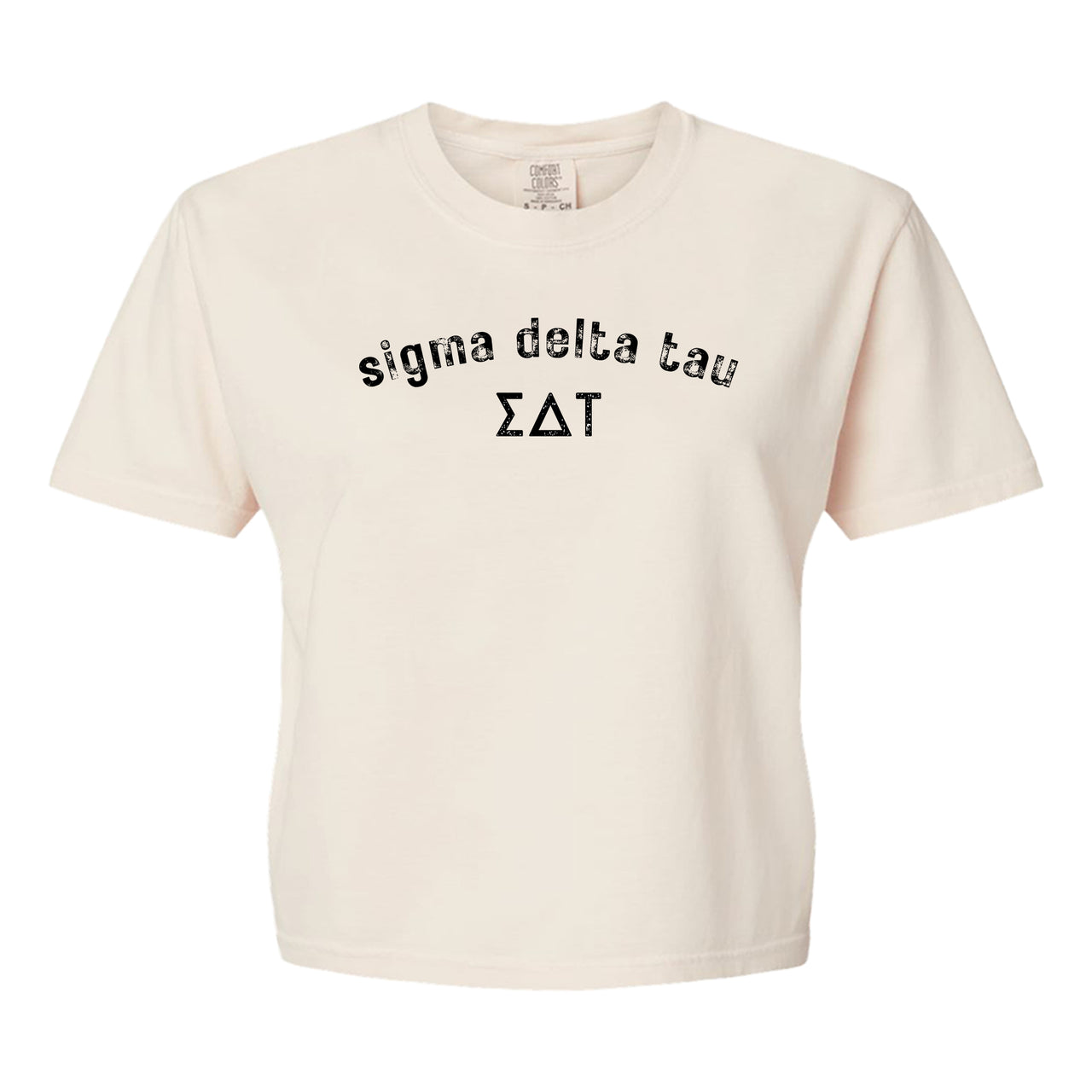 Sigma Delta Tau Comfort Colors boxy crop t-shirt featuring the sorority name and Greek letters design