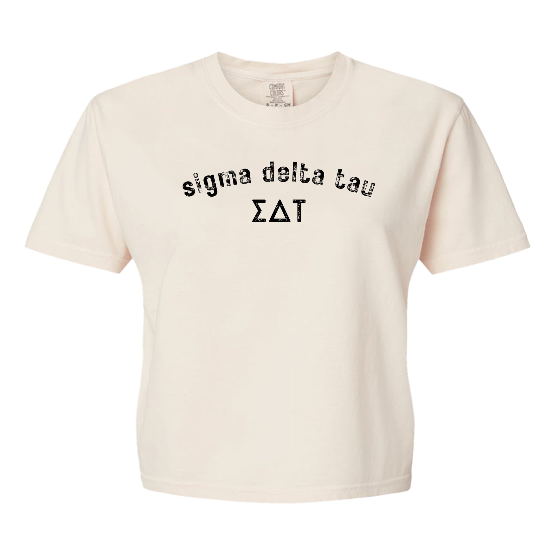 Sigma Delta Tau Comfort Colors boxy crop t-shirt featuring the sorority name and Greek letters design