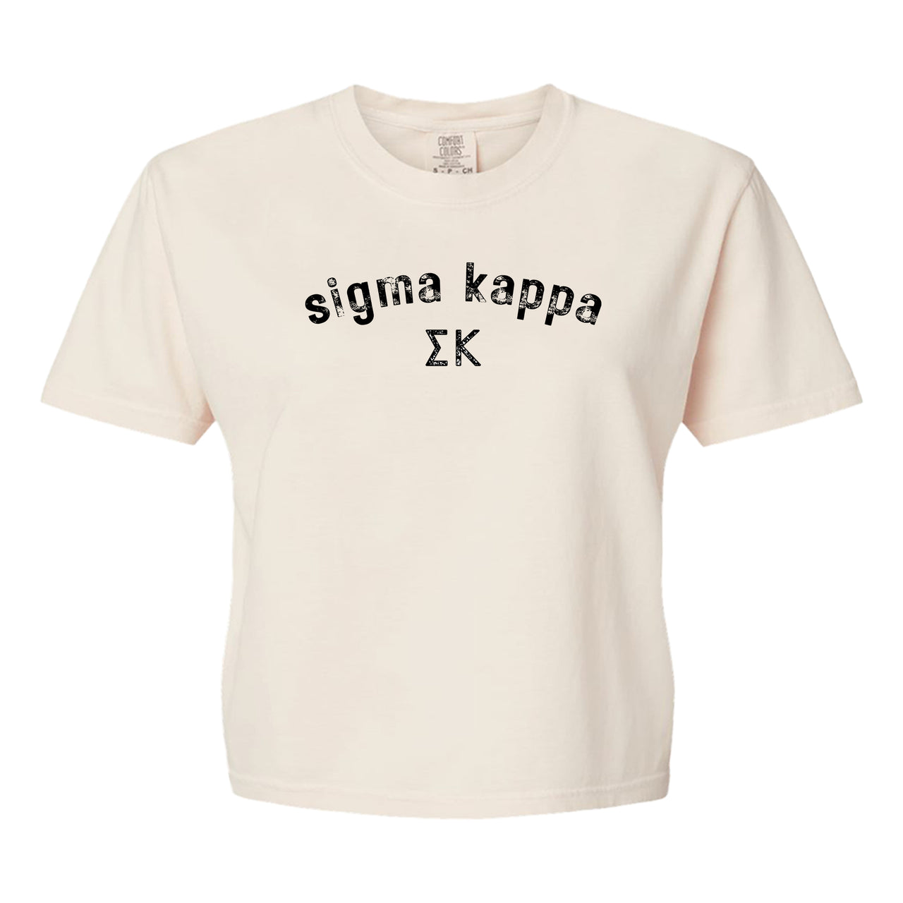 Sigma Kappa Comfort Colors boxy crop t-shirt featuring the sorority name and Greek letters design