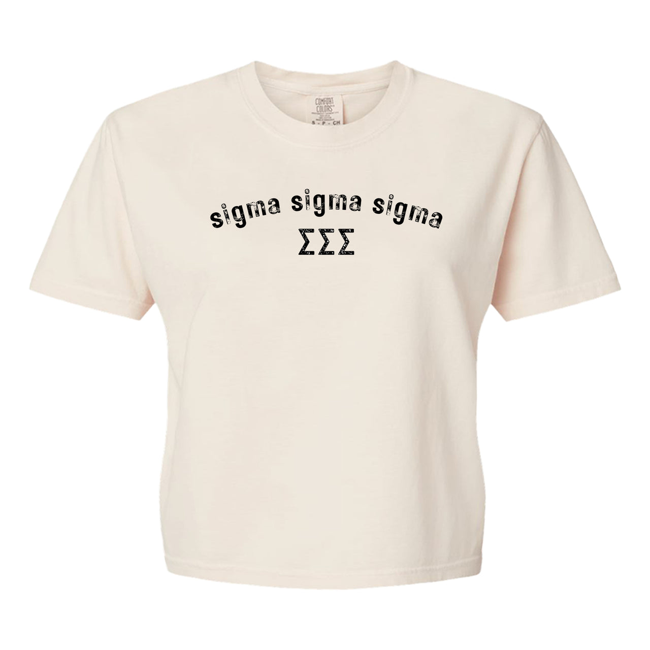 Sigma Sigma Sigma Comfort Colors boxy crop t-shirt featuring the sorority name and Greek letters design