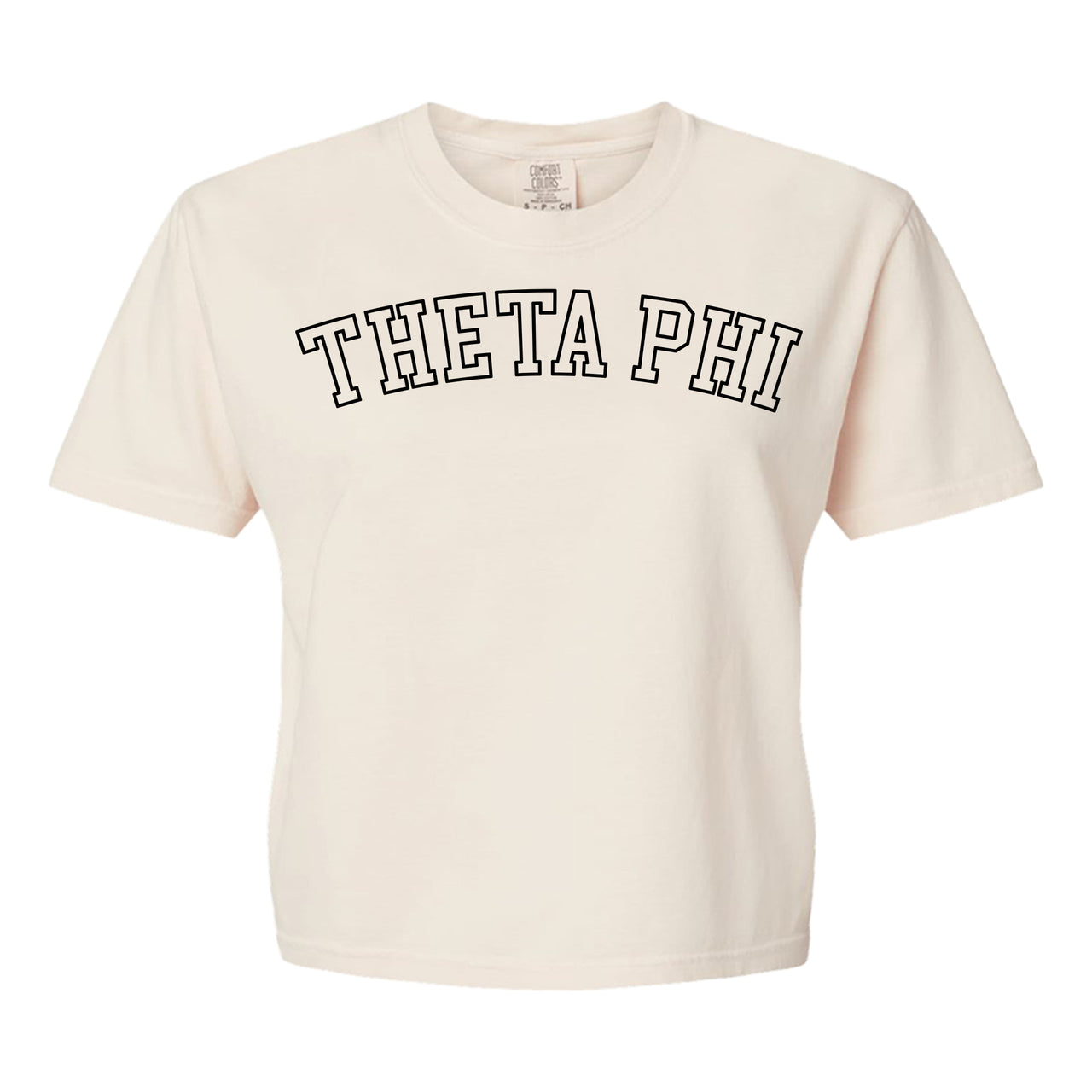 Theta Phi Alpha Comfort Colors boxy crop t-shirt featuring the sorority name in block letters 