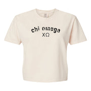 Chi Omega Comfort Colors boxy crop t-shirt featuring the sorority name and Greek letters design