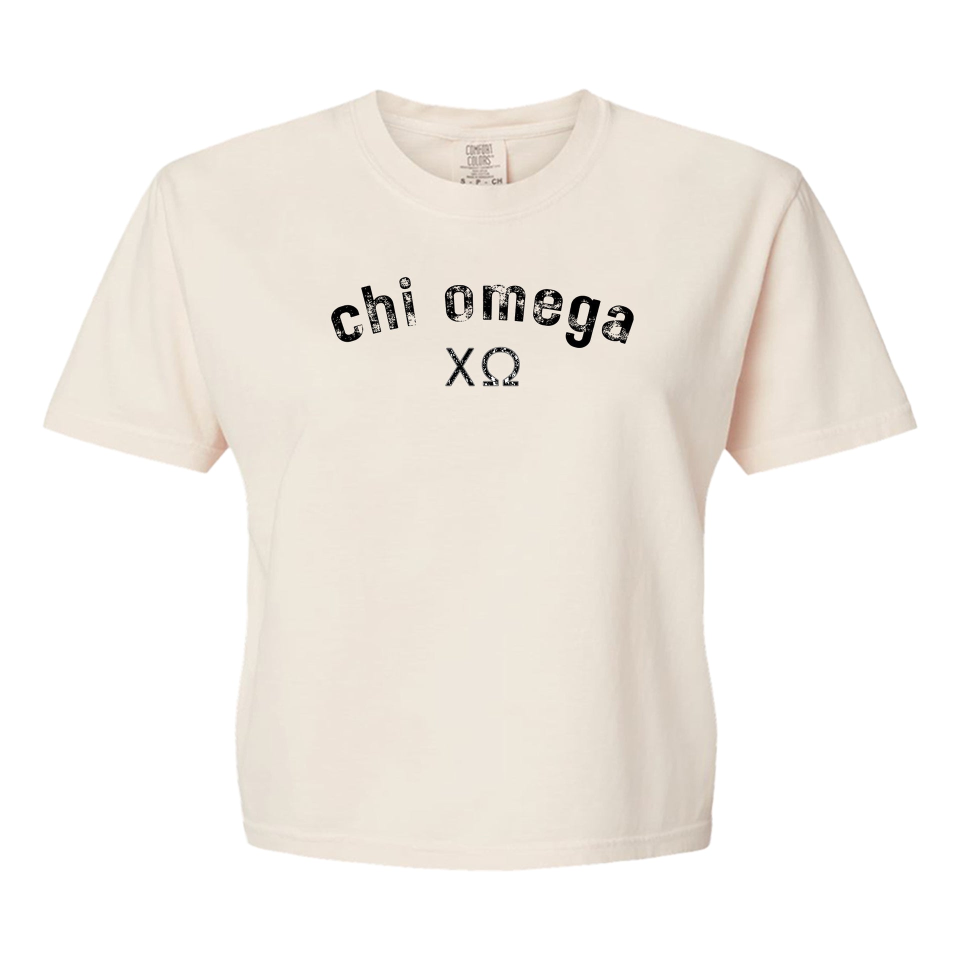 Chi Omega Comfort Colors boxy crop t-shirt featuring the sorority name and Greek letters design
