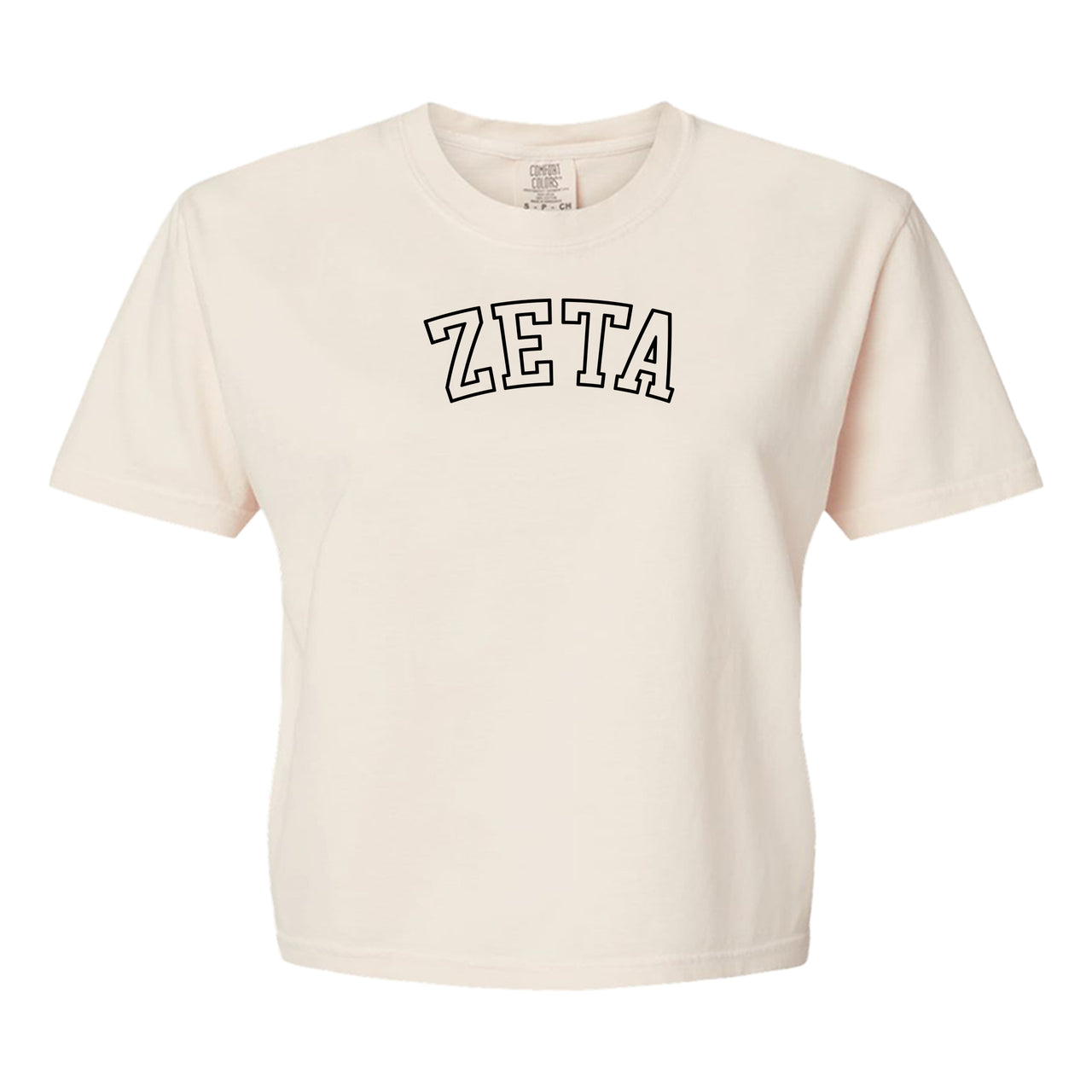 Zeta Tau Alpha Comfort Colors boxy crop t-shirt featuring the sorority name in block letters 
