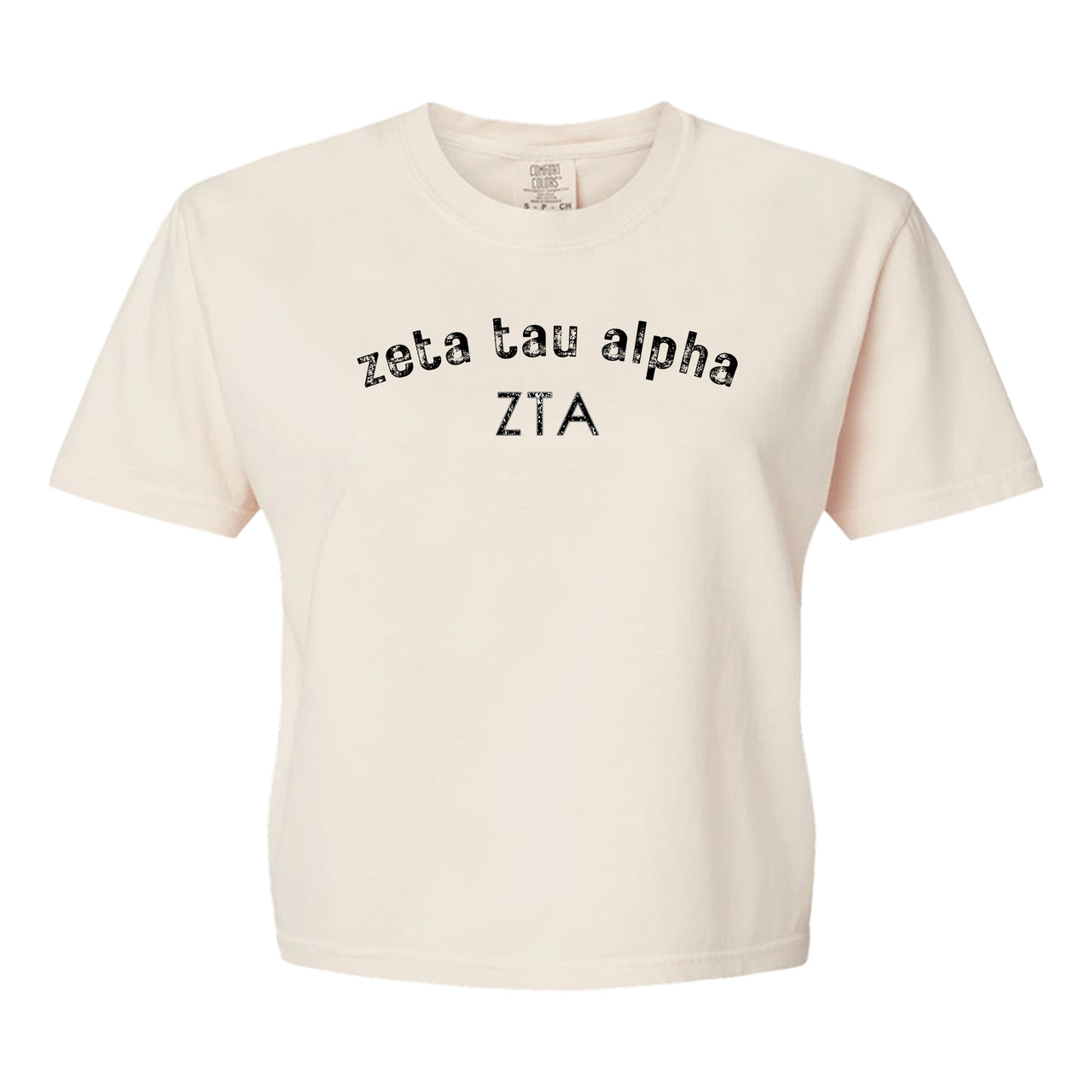 Zeta Tau Alpha Comfort Colors boxy crop t-shirt featuring the sorority name and Greek letters design