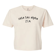 Zeta Tau Alpha Comfort Colors boxy crop t-shirt featuring the sorority name and Greek letters design