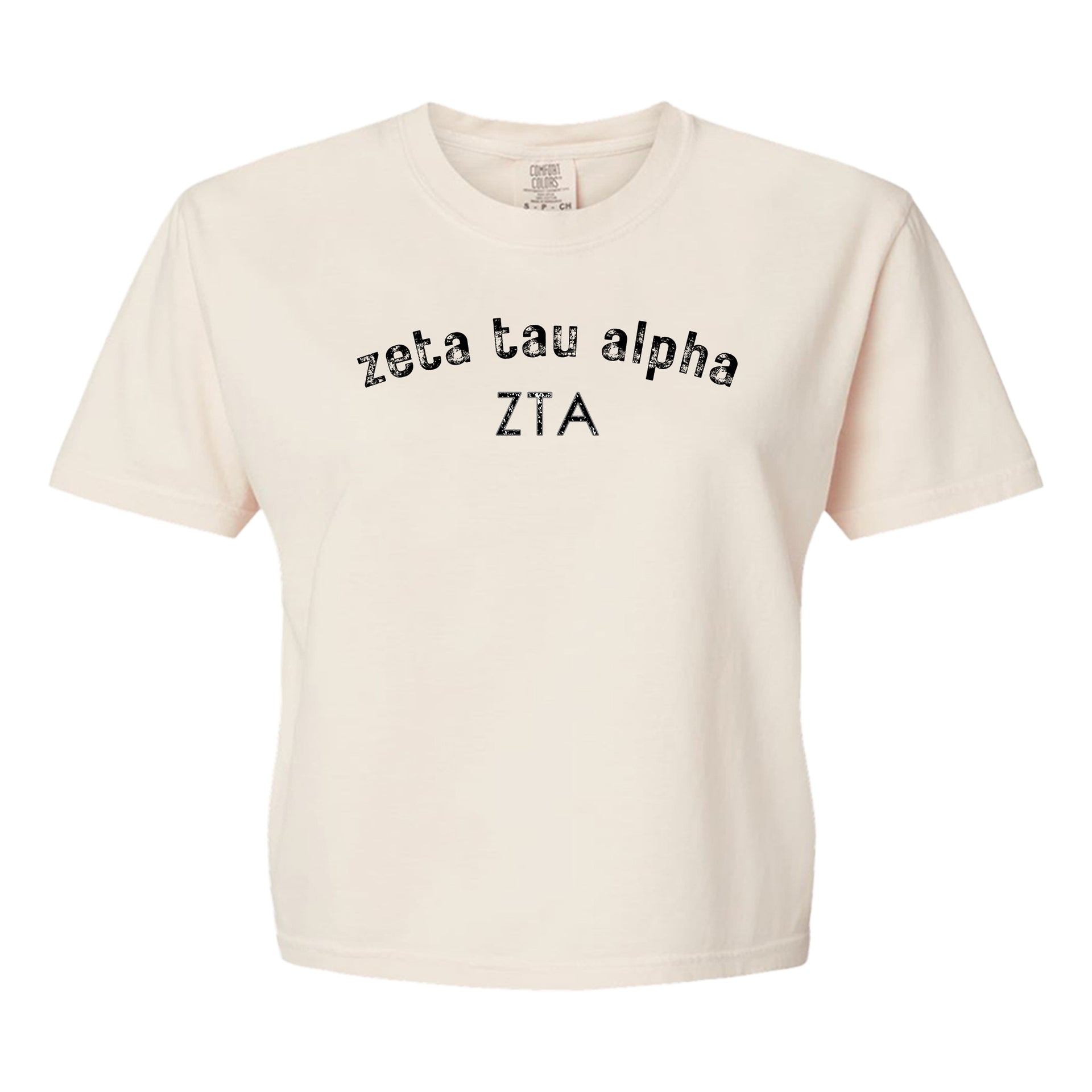 Zeta Tau Alpha Comfort Colors boxy crop t-shirt featuring the sorority name and Greek letters design
