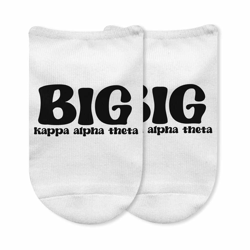 Fun Kappa Alpha Theta Big or Little design custom printed on comfy white cotton no show socks.