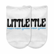 Fun Kappa Kappa Gamma Big and Little designs custom printed on comfy white cotton no show socks.