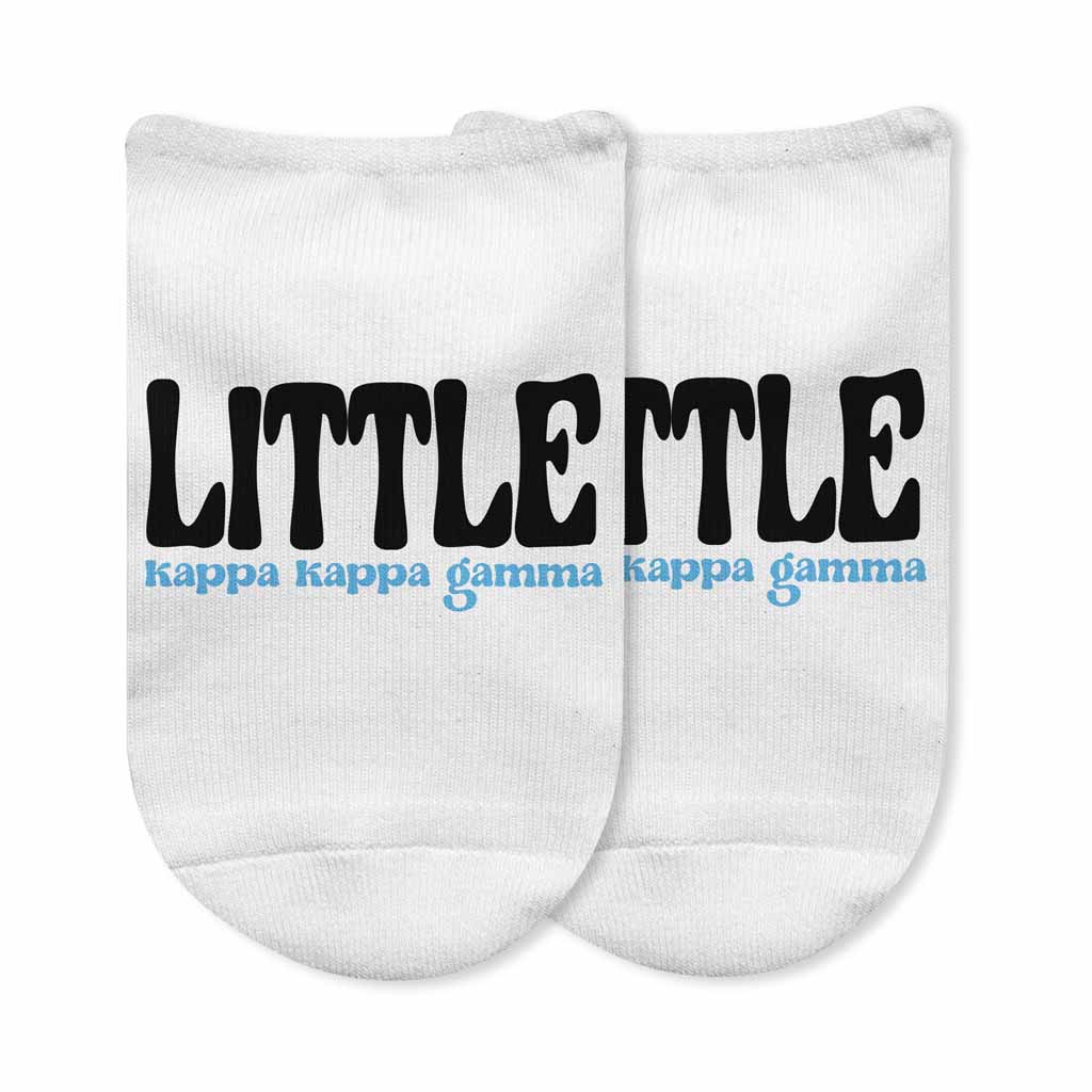 Fun Kappa Kappa Gamma Big and Little designs custom printed on comfy white cotton no show socks.