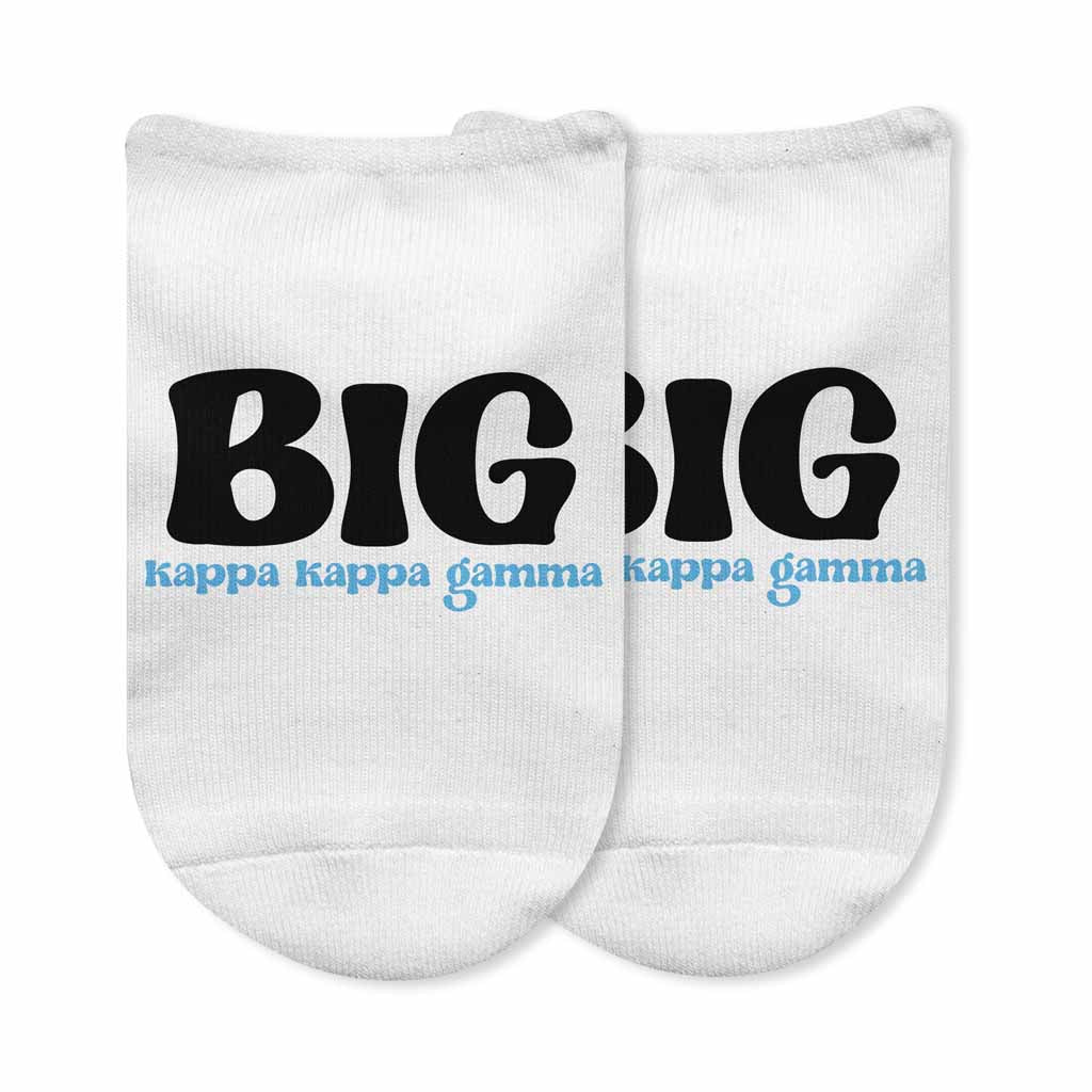 Fun Kappa Kappa Gamma Big and Little designs custom printed on comfy white cotton no show socks.