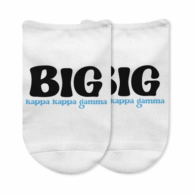 Fun Kappa Kappa Gamma Big and Little designs custom printed on comfy white cotton no show socks.