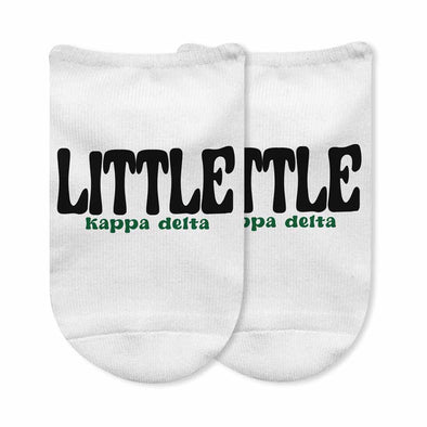 Fun Kappa Delta Big and Little design custom printed on white cotton no show socks.