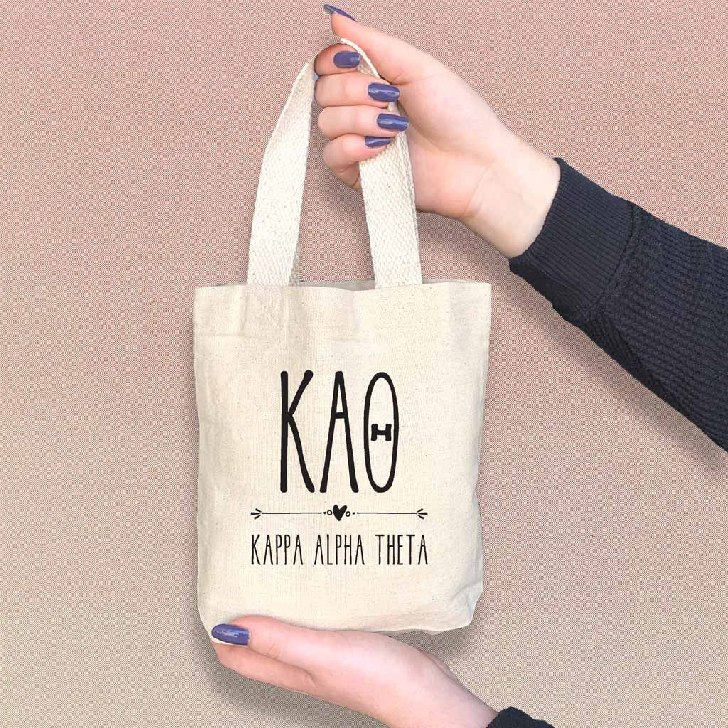 Theta sorority name boho design digitally printed on the perfect mini size natural canvas tote bag
