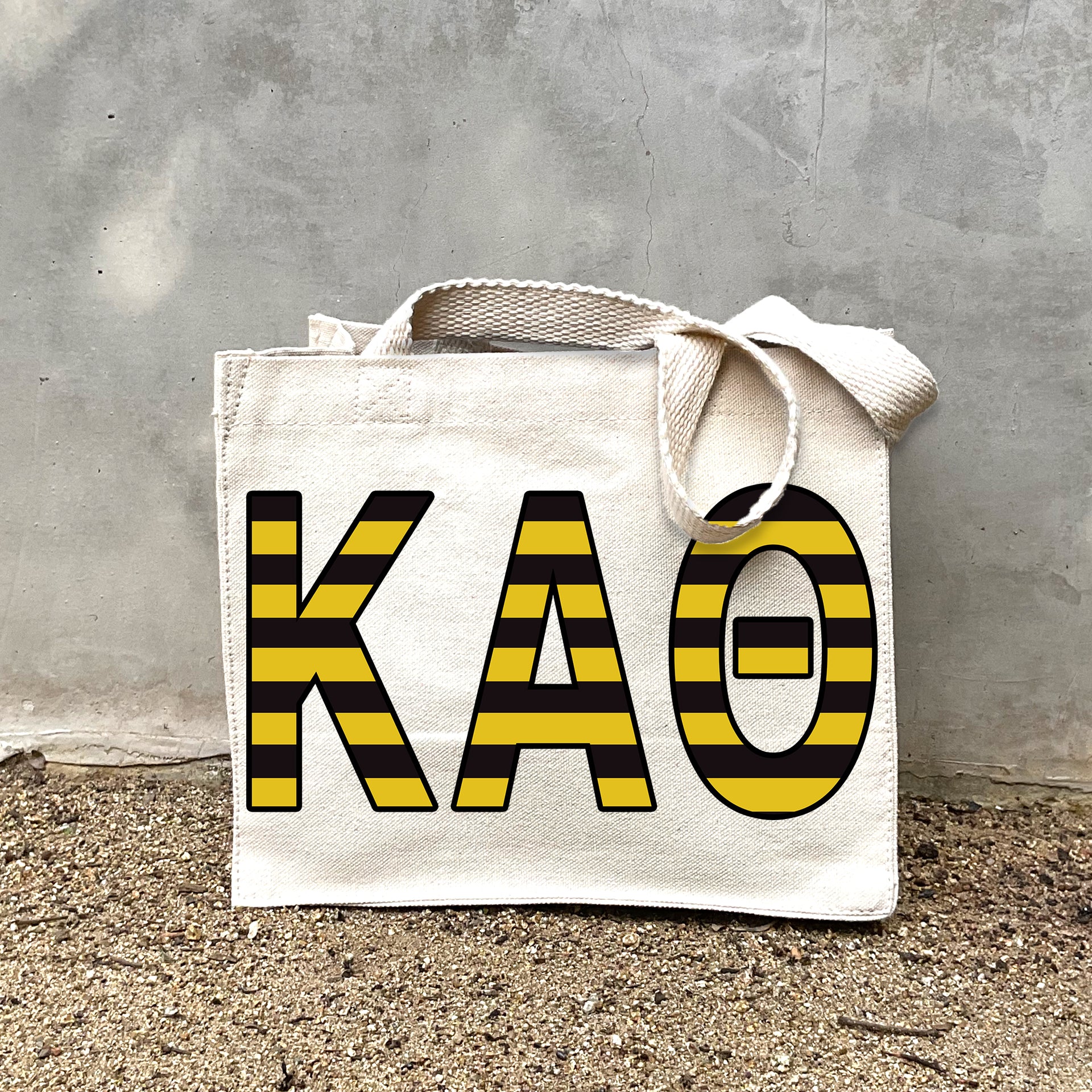 KAT Sorority Stripe Tote in Front  small gray tote bag
