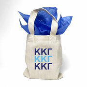 Sorority greek letters printed in sorority colors on natural canvas mini tote gift bag.