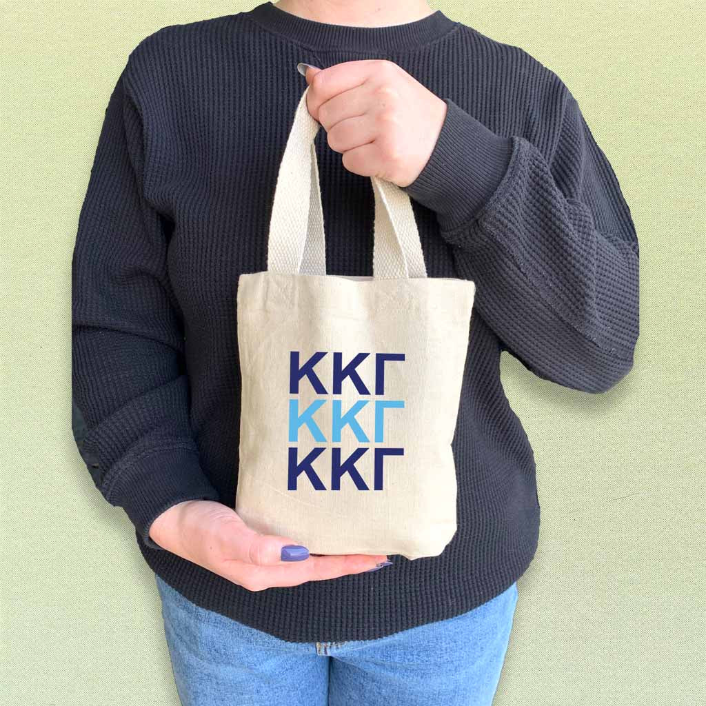 Kappa Kappa Gamma sorority letters in sorority colors digitally printed on the perfect mini size natural canvas tote bag.