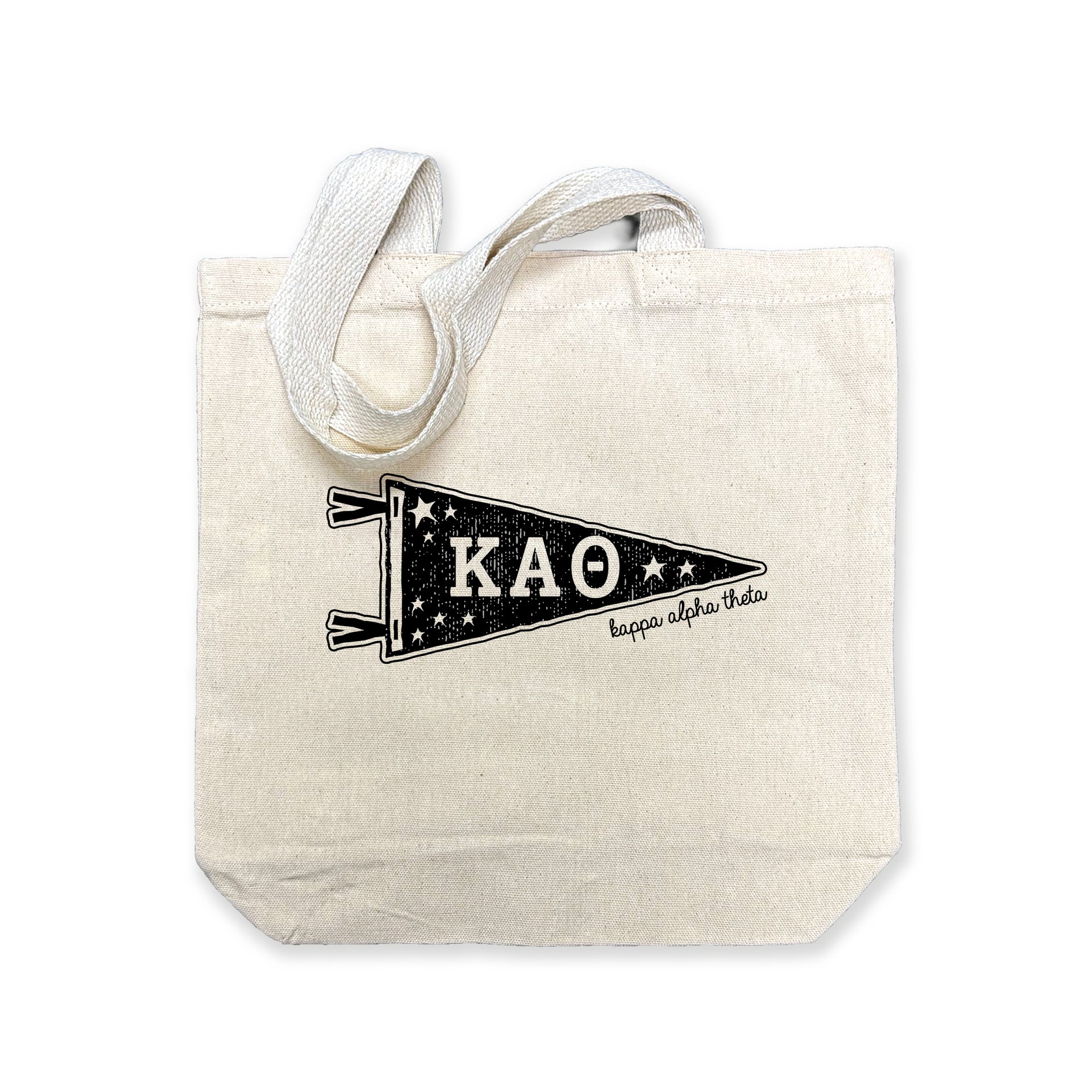 Kappa Alpha Theta collegiate pennant medium size canvas tote bag featuring Kappa Alpha Theta Greek letters on a white background