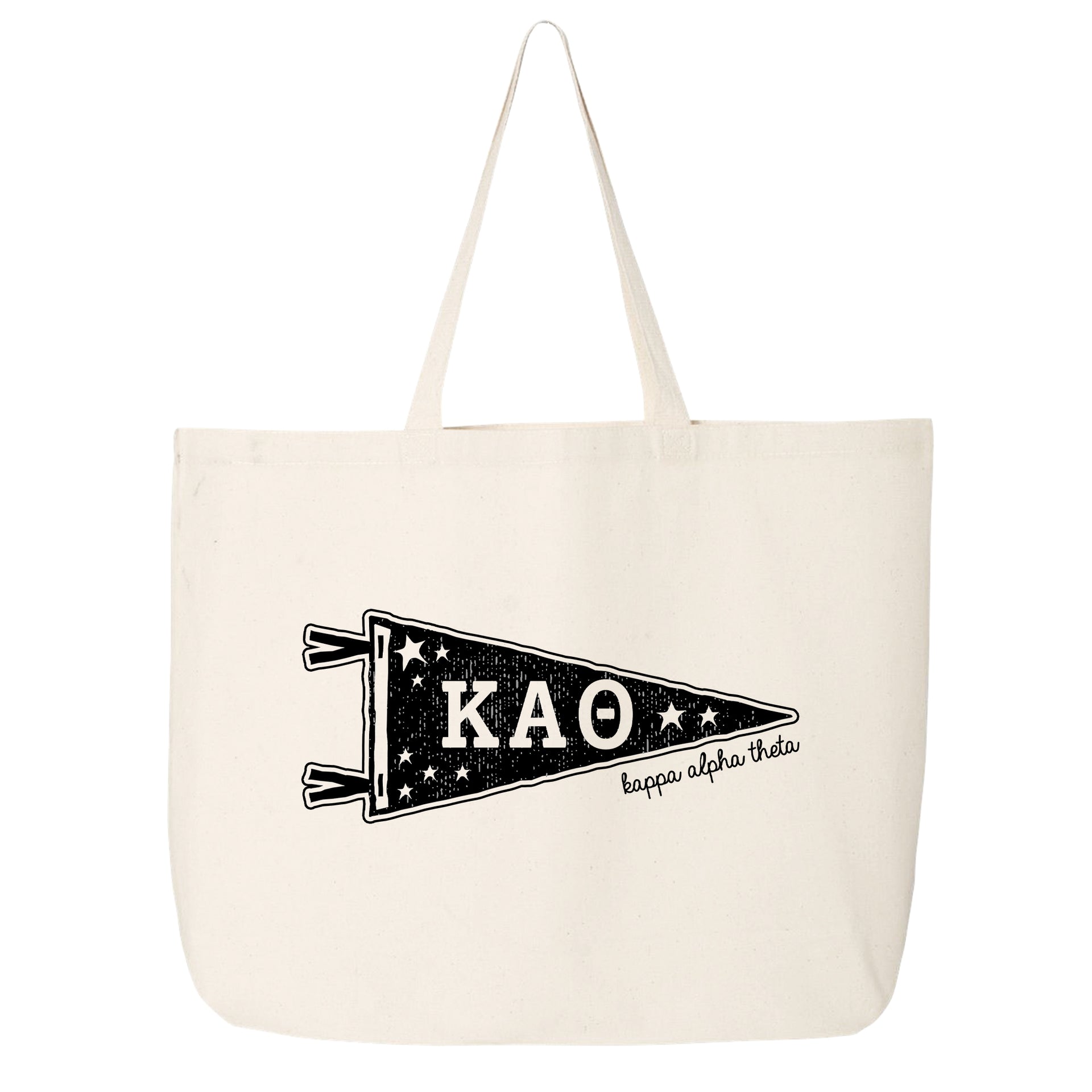 Kappa Alpha Theta collegiate pennant large canvas tote bag featuring Kappa Alpha Theta Greek letters on a white background