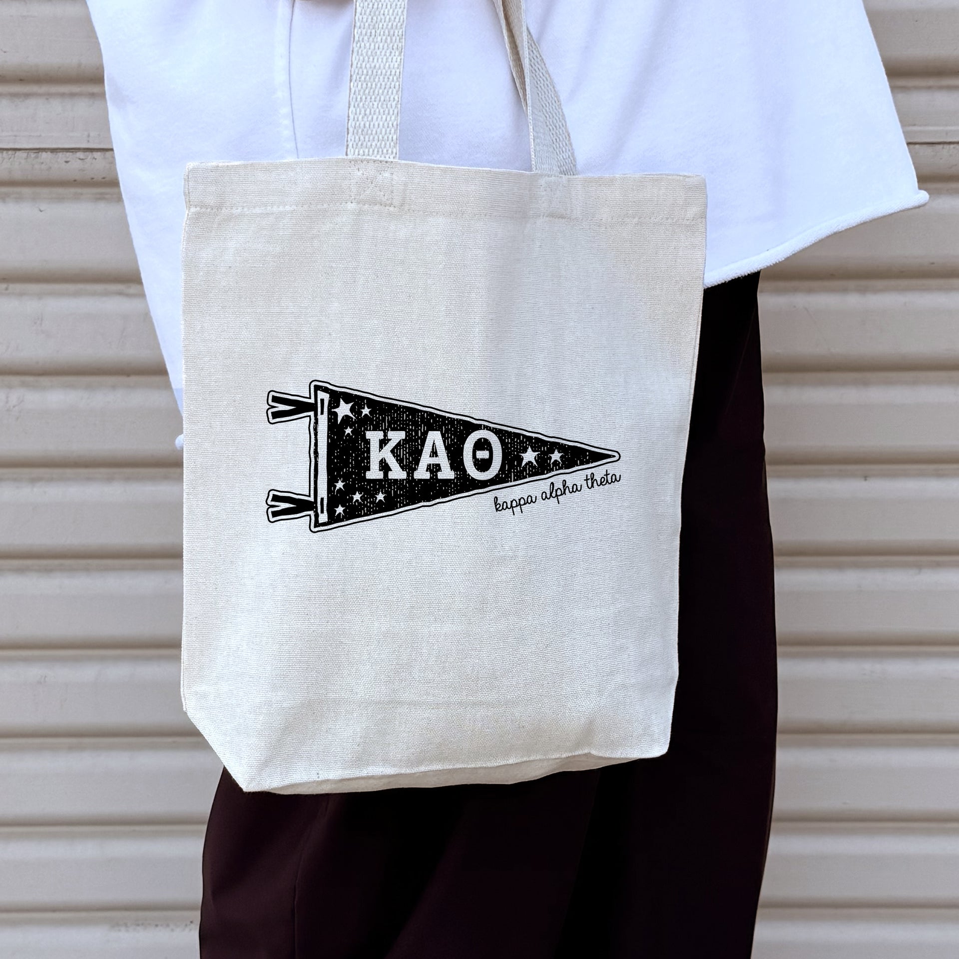 Kappa Alpha Theta Collegiate Pennant design on a medium size canvas tote bag