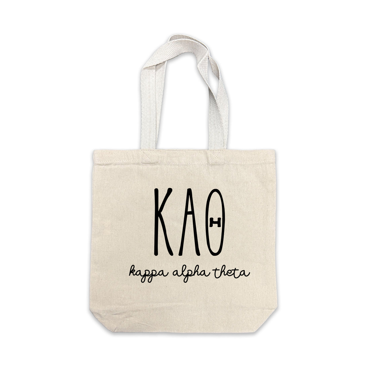 Kappa Alpha Theta small canvas tote bag featuring striped Kappa Alpha Theta Greek letters on a white background