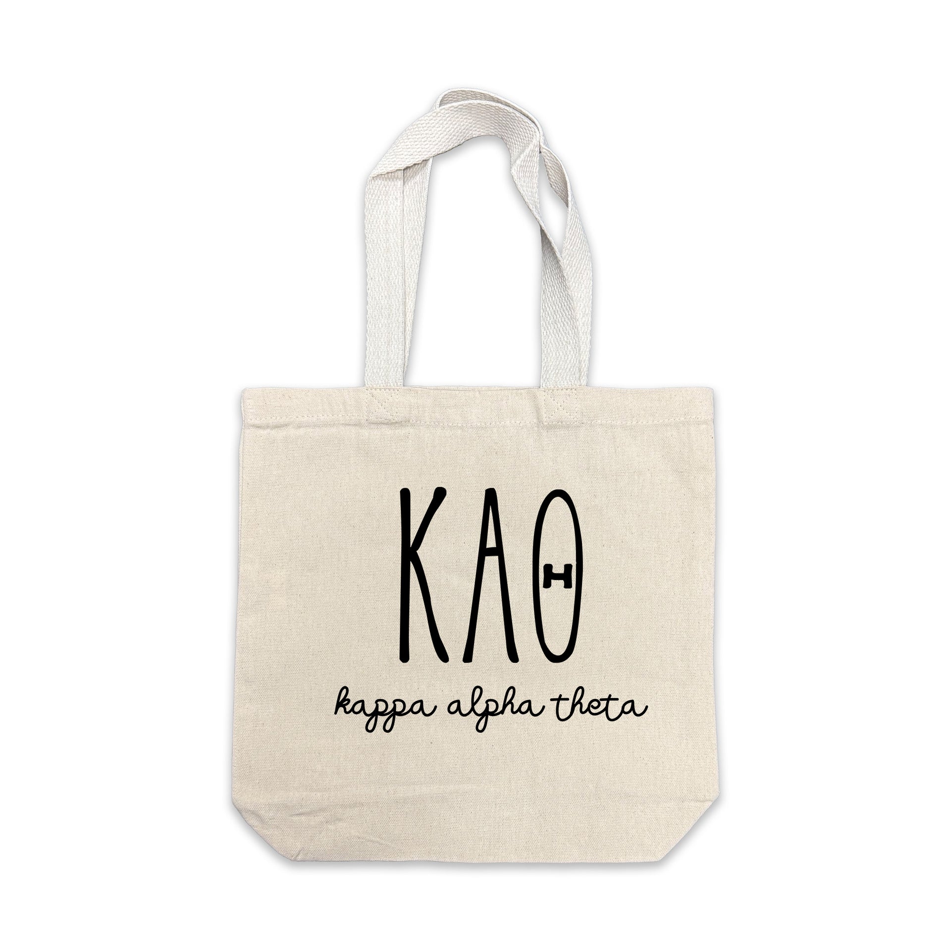 Kappa Alpha Theta small canvas tote bag featuring striped Kappa Alpha Theta Greek letters on a white background